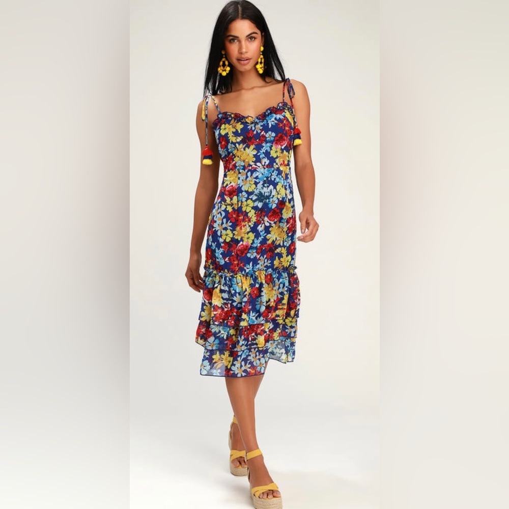 Vacay Sera Sera Blue Floral Print Tie-Strap Midi Dress